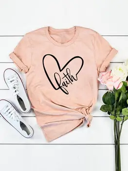 Повседневная одежда с буквенным принтом Love Heart Faith, графическая футболка, летний женский топ с коротким рукавом, модная футболка, Женская футболка